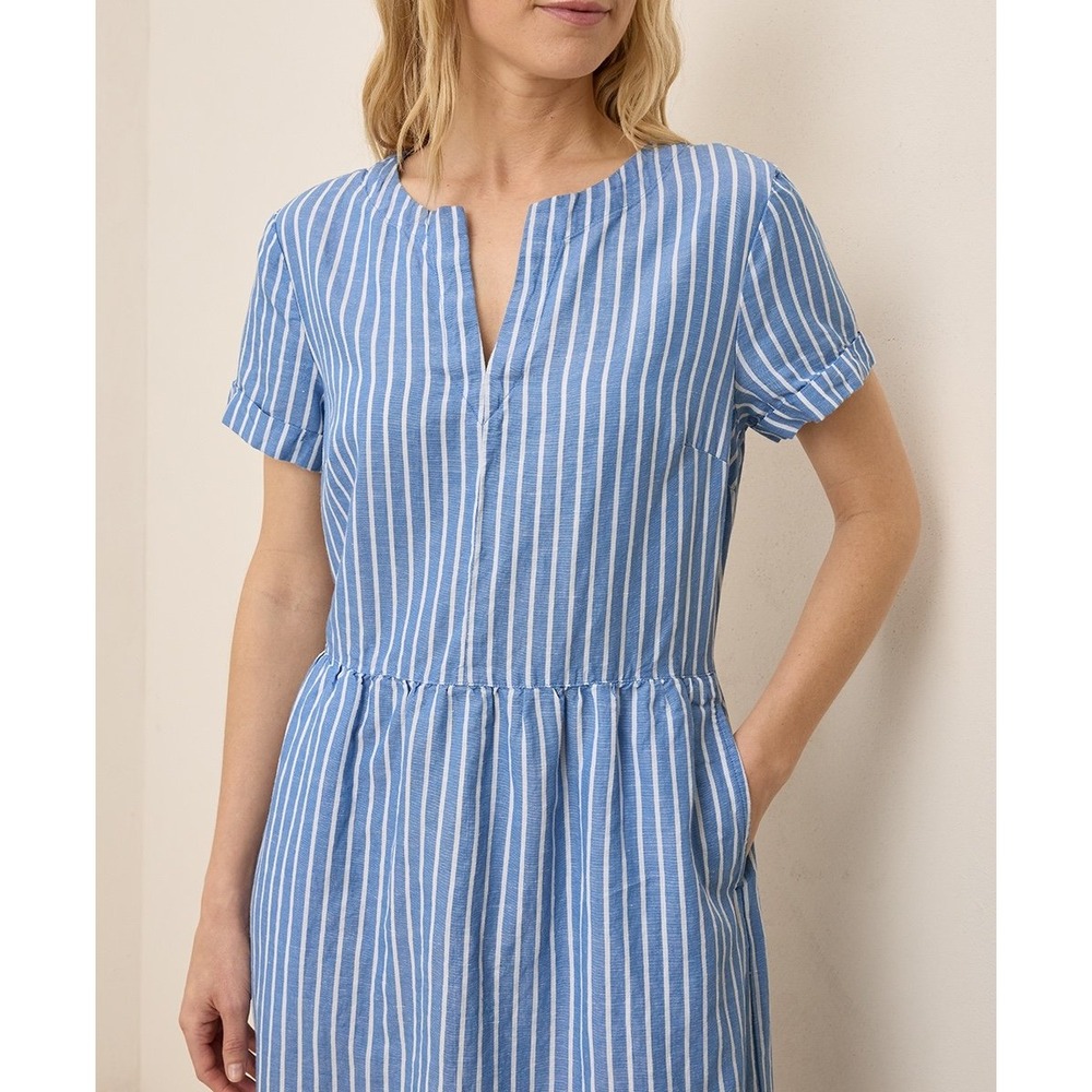 Pact Canopy Linen Blend Notch Neck Striped Midi Dress Blue White L NWOT - Picture 2 of 7
